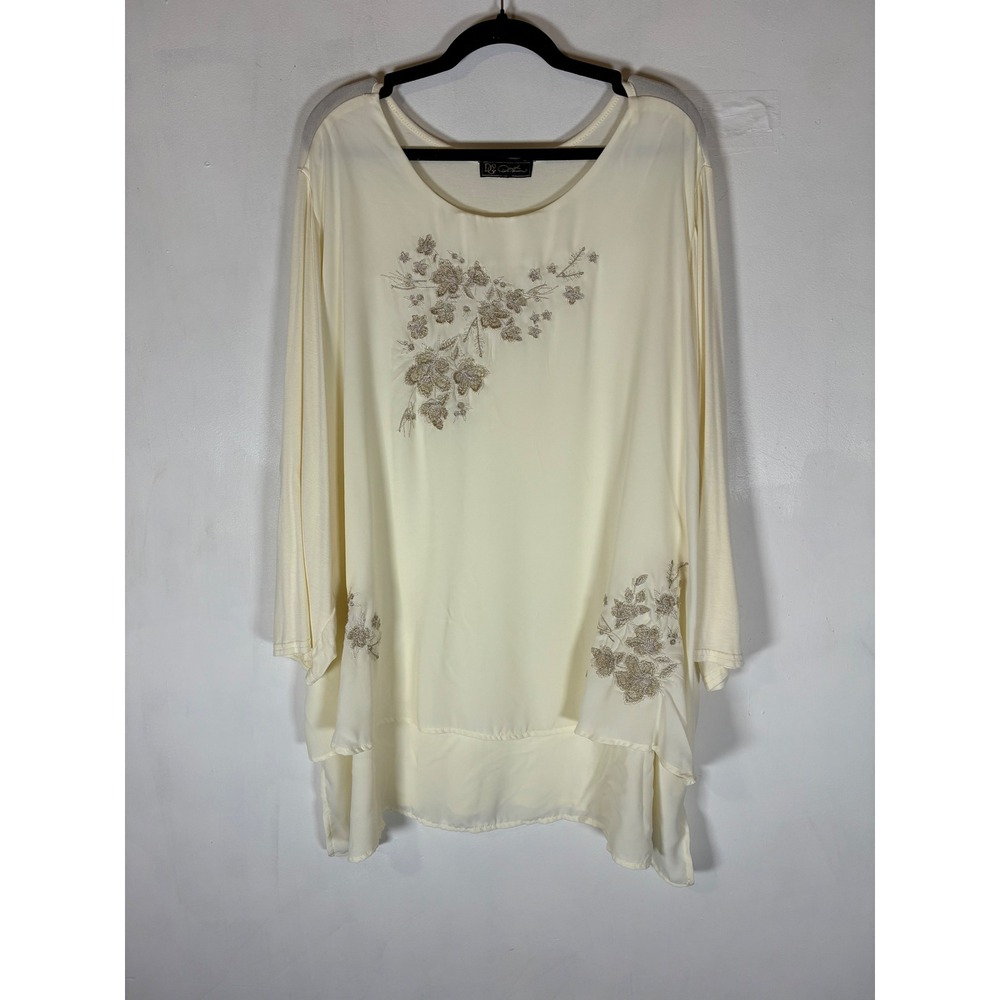 DG2 Diane Gilman 4X Tunic Top Cream Floral Embroidered Semi Sheer 3/4 Sleeve